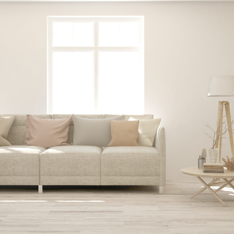 Modern wooden living room in white color with sofa. Scandinavian interior design. 